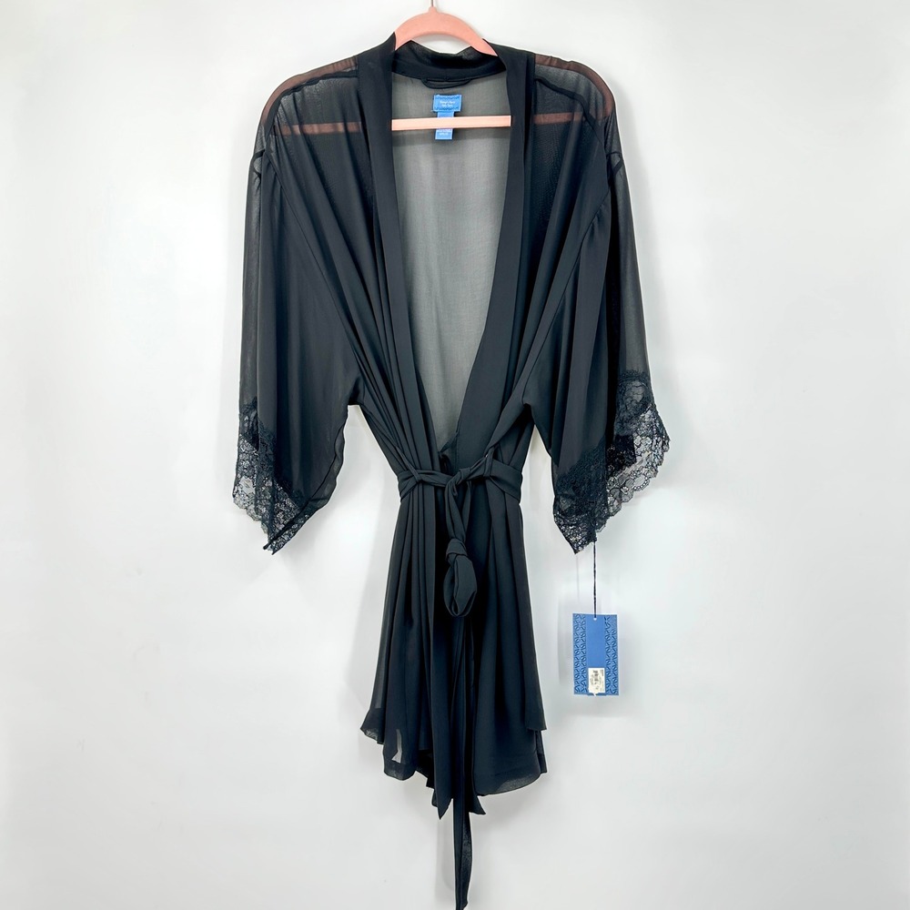 Vera Wang NWT Simply Romantic Sheer Chiffon Kimono Lace Trim‎ Robe XXL Black